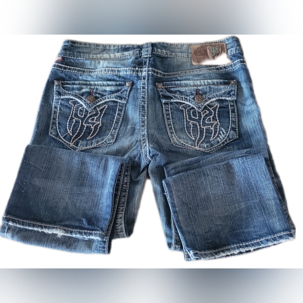 Womens Blue Straight Leg Jeans with Back Embroidery